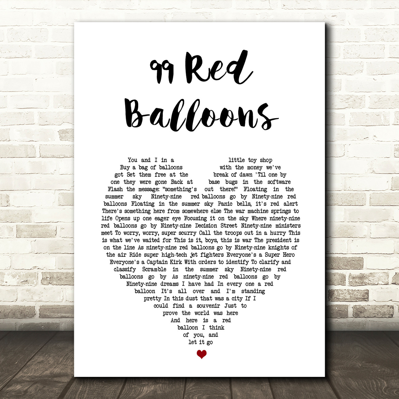 server binnen Psychologisch Nena 99 Red Balloons White Heart Song Lyric Wall Art Print - Red Heart Print