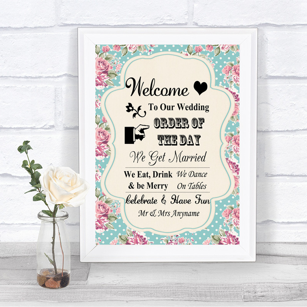 Shabby Chic Vintage Floral Welcome Order Of The Day Personalised Wedding Sign 