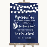 Navy Blue Watercolour Lights Popcorn Bar Personalized Wedding Sign