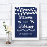 Navy Blue Watercolour Lights Welcome To Our Wedding Personalized Wedding Sign