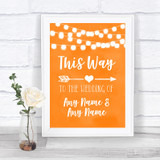 Orange Watercolour Lights This Way Arrow Right Personalized Wedding Sign