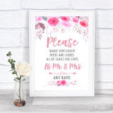 Pink Watercolour Floral Share Your Wishes Personalized Wedding Sign