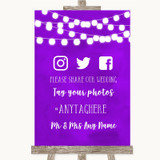 Purple Watercolour Lights Social Media Hashtag Photos Personalized Wedding Sign