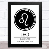 Zodiac Star Sign White & Black Symbol Leo Wall Art Print