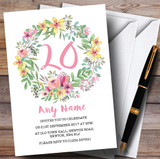 Watercolour Floral Wreath Pink 20th Personalized Birthday Party Invitations