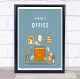 Office Blue And Orange Cartoon Desk Supplies Room Personalized Wall Art Sign