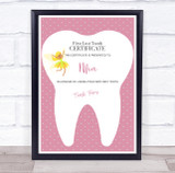 Tooth Fairy Pink First Lost Tooth Personalized Certificate Award Print