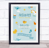 New Baby Birth Details Christening Nursery Toys Blue Keepsake Gift Print