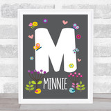 Grey Floral Butterfly Bird Initial M Personalised Children's Wall Art Print