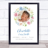 Floral Photo New Baby Birth Details Nursery Christening Keepsake Gift Print