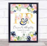 Floral Navy Pink Leaves Wedding Day Gold Any Initial Personalized Gift Print