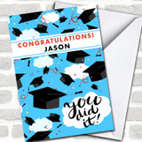 Flying Graduation Hats Congratulations Uni Name Leavers Personalized Card
