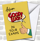 Yellow Good Luck Exams Pop Art Male Hand Thumb Up Personalized Card