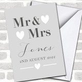 Mr & Mrs Typographic Name Grey White Hearts Date Personalized Card
