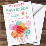 Wife Watercolour Balloons Pink Teal Orange Hearts Personalized Birthday Card