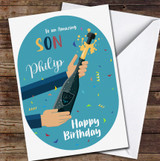 Amazing Son Birthday Hands Holding Champagne Personalized Birthday Card