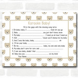 Neutral Teddys Baby Shower Games Song Lyric Karaoke Cards