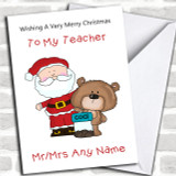 Teacher Cartoon Bear & Santa Personalized Christmas Card