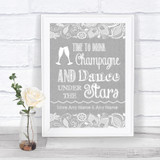 Grey Burlap & Lace Drink Champagne Dance Stars Personalized Wedding Sign
