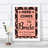 Coral Damask Here Comes Bride Aisle Sign Personalized Wedding Sign