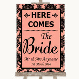 Coral Damask Here Comes Bride Aisle Sign Personalized Wedding Sign