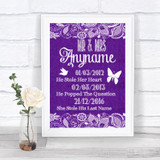 Purple Burlap & Lace Important Special Dates Personalized Wedding Sign