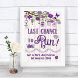 Purple Rustic Wood Last Chance To Run Personalized Wedding Sign