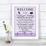 Lilac Shabby Chic No Phone Camera Unplugged Personalized Wedding Sign