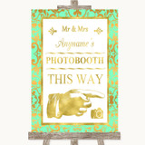 Mint Green & Gold Photobooth This Way Right Personalized Wedding Sign