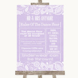 Lilac Burlap & Lace Rules Of The Dance Floor Personalized Wedding Sign