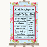 Shabby Chic Floral Rules Of The Dancefloor Personalized Wedding Sign