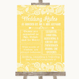 Yellow Burlap & Lace Rules Of The Wedding Personalized Wedding Sign
