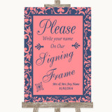Coral Pink & Blue Signing Frame Guestbook Personalized Wedding Sign