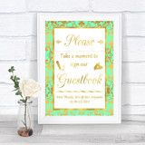 Mint Green & Gold Take A Moment To Sign Our Guest Book Personalized Wedding Sign