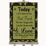 Olive Green Damask Today I Marry My Best Friend Personalized Wedding Sign