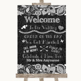 Dark Grey Burlap & Lace Welcome Order Of The Day Personalized Wedding Sign