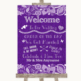 Purple Burlap & Lace Welcome Order Of The Day Personalized Wedding Sign