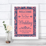 Coral Pink & Blue Welcome To Our Wedding Personalized Wedding Sign