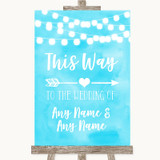 Aqua Sky Blue Watercolour Lights This Way Arrow Right Personalized Wedding Sign