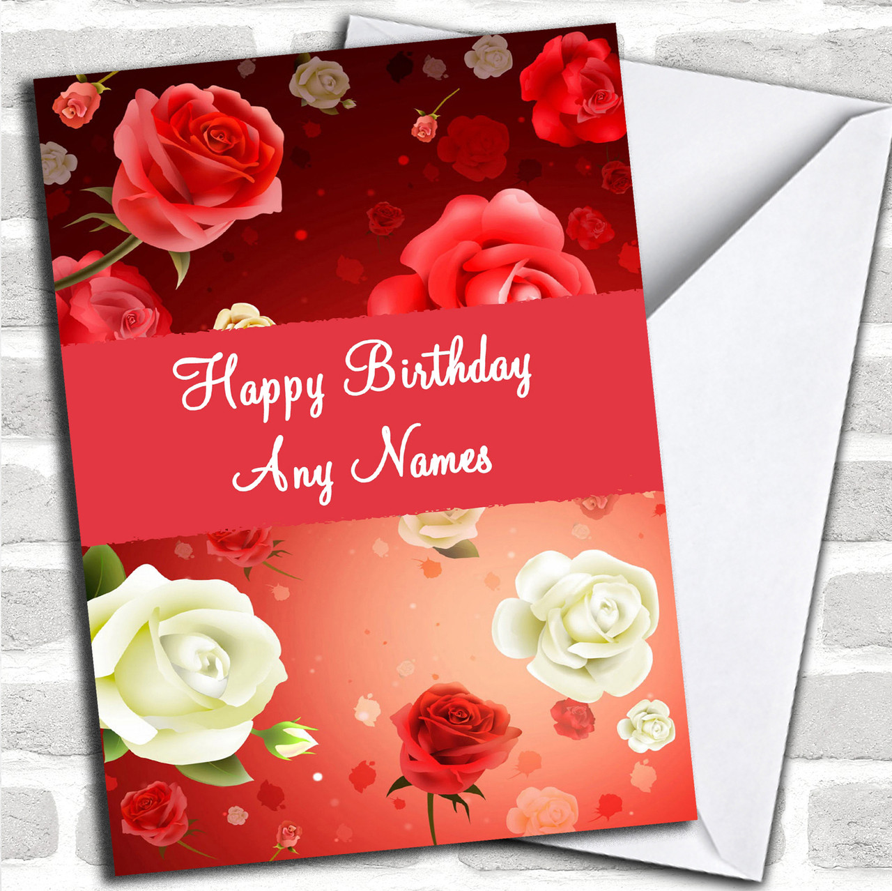 Pink Roses Personalized Birthday Card - Red Heart Print
