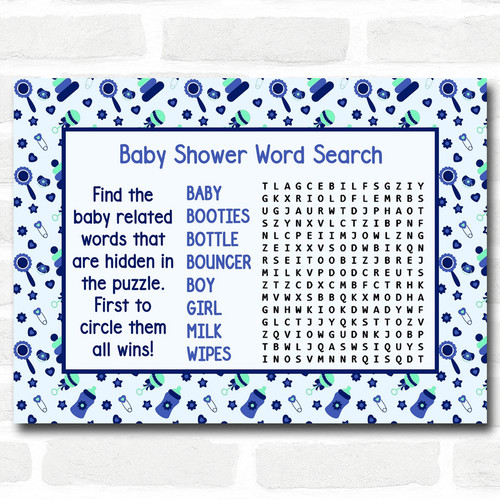 Boys Blue Green Baby Shower Games Word Search Cards Red Heart Print