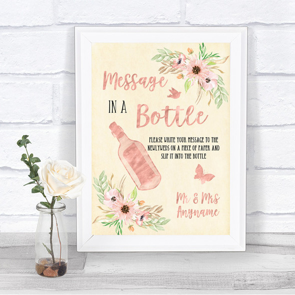 Blush Peach Floral Message In A Bottle Personalized Wedding Sign