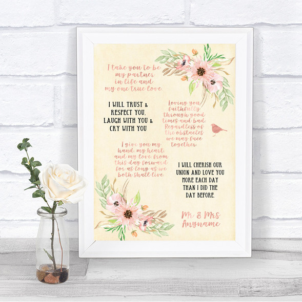 Blush Peach Floral Romantic Vows Personalized Wedding Sign