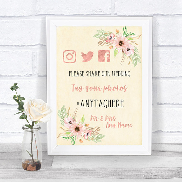 Blush Peach Floral Social Media Hashtag Photos Personalized Wedding Sign