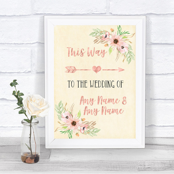 Blush Peach Floral This Way Arrow Right Personalized Wedding Sign