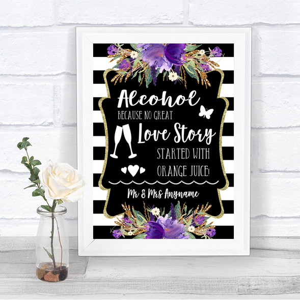 Black & White Stripes Purple Alcohol Bar Love Story Personalized Wedding Sign