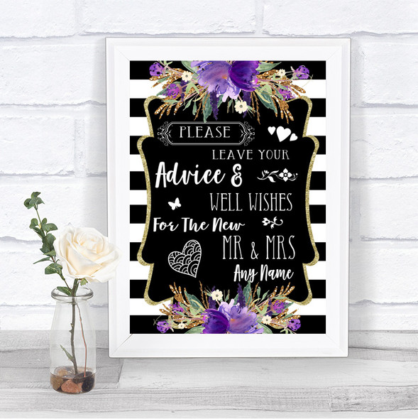 Black & White Stripes Purple Guestbook Advice & Wishes Mr & Mrs Wedding Sign