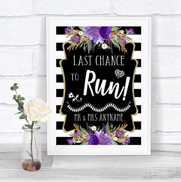 Black & White Stripes Purple Last Chance To Run Personalized Wedding Sign