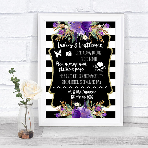 Black & White Stripes Purple Pick A Prop Photobooth Personalized Wedding Sign