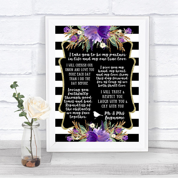 Black & White Stripes Purple Romantic Vows Personalized Wedding Sign